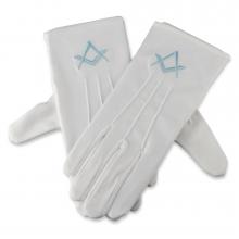 White Cotton Gloves With Light Blue Square & Compass Motif